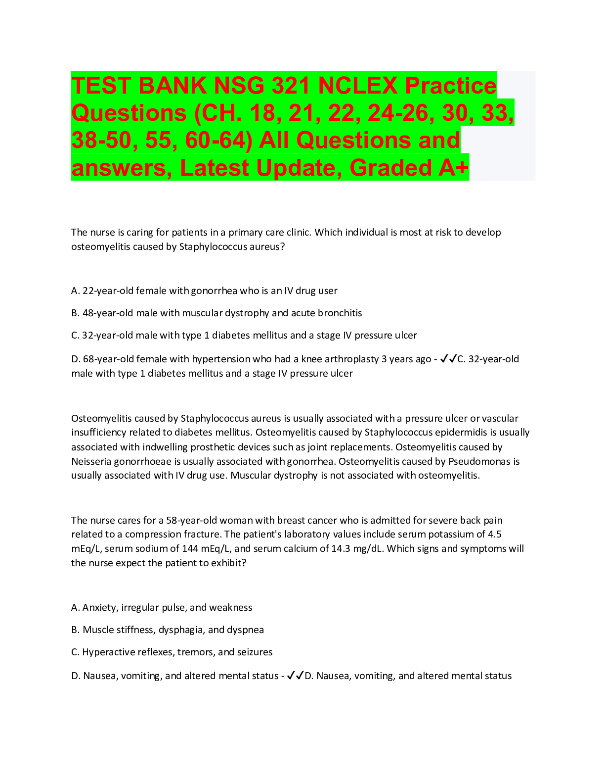 Preview image for TESTBANK NSG 321 NCLEX Practice Questions (CH. 18, 21, 22, 24-26, 30, 33, 38-50, 55, 60-64) All Questions and answers, Latest Update, Graded A+